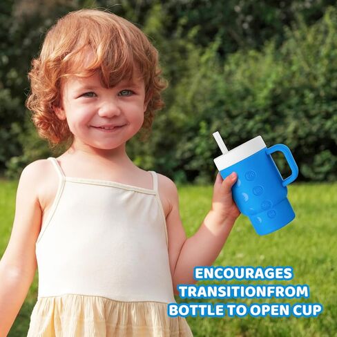 كوب صغير من السيليكون للأطفال سعة 14 أونصة بمقبض وقش مناسب للأطفال الصغار وسهل التنظيف ويشجع على الترطيب in Kuwait