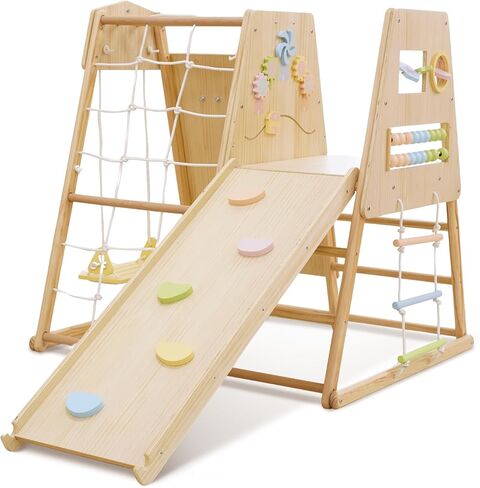 Avenlur Cherry 5-in-1 Wooden Indoor Climber – Montessori Toddler Play Gym with Slide, Rock Wall, Rope Ladder, Sensory Panel & Swing – Indoor Playground for Kids Ages 18 Months to 5 Years in Kuwait