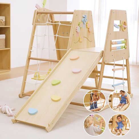 Avenlur Cherry 5-in-1 Wooden Indoor Climber – Montessori Toddler Play Gym with Slide, Rock Wall, Rope Ladder, Sensory Panel & Swing – Indoor Playground for Kids Ages 18 Months to 5 Years in Kuwait