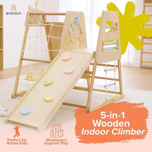 Avenlur Cherry 5-in-1 Wooden Indoor Climber – Montessori Toddler Play Gym with Slide, Rock Wall, Rope Ladder, Sensory Panel & Swing – Indoor Playground for Kids Ages 18 Months to 5 Years in Kuwait