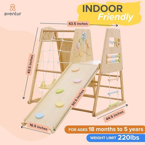 Avenlur Cherry 5-in-1 Wooden Indoor Climber – Montessori Toddler Play Gym with Slide, Rock Wall, Rope Ladder, Sensory Panel & Swing – Indoor Playground for Kids Ages 18 Months to 5 Years in Kuwait