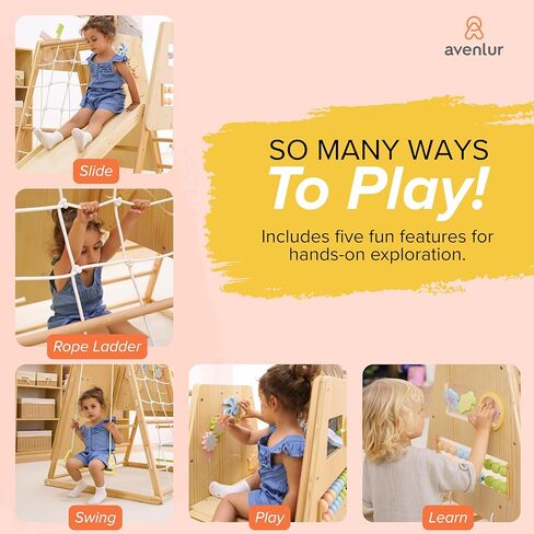 Avenlur Cherry 5-in-1 Wooden Indoor Climber – Montessori Toddler Play Gym with Slide, Rock Wall, Rope Ladder, Sensory Panel & Swing – Indoor Playground for Kids Ages 18 Months to 5 Years in Kuwait