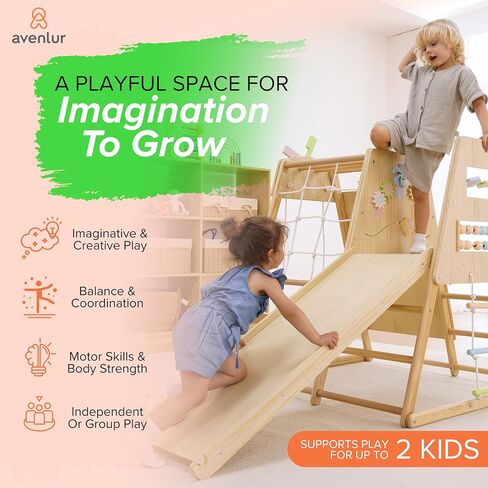 Avenlur Cherry 5-in-1 Wooden Indoor Climber – Montessori Toddler Play Gym with Slide, Rock Wall, Rope Ladder, Sensory Panel & Swing – Indoor Playground for Kids Ages 18 Months to 5 Years in Kuwait