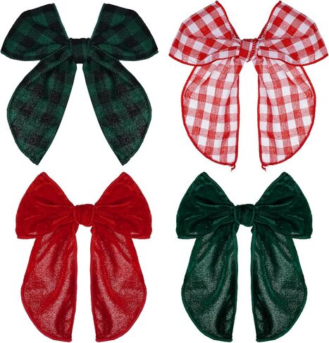 4 Pcs Christmas Fable Hair Bows Velvet Plaid Bow Hair Clips Hair Accessories for Little Girls and Moms (Red&Green Velvet+Mixed Plaid) in Kuwait