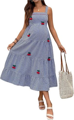 OYOANGLE Women's Maternity Gingham Dress Cherry Decor Sleeveless Tiered Ruffle A Line Midi Dresses in Saudi Arabia