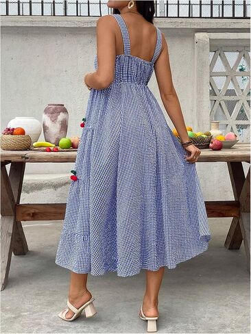 OYOANGLE Women's Maternity Gingham Dress Cherry Decor Sleeveless Tiered Ruffle A Line Midi Dresses in Saudi Arabia
