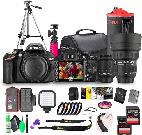 Nikon D3200 24.2MP DSLR Camera Kit with 18-55mm VR Zoom Lens – Full HD 1080p Video Capture, Fast 11-Point Autofocus System + Nikon 14-24mm Lens + 72" Tripod + 128GB Memory Card + Camera Bag + More in Saudi Arabia