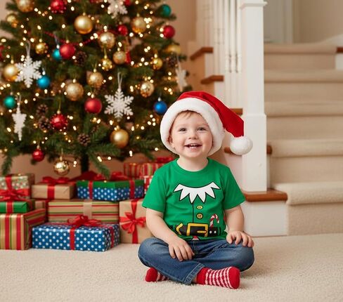 تي شيرت للأطفال الصغار الأولاد والبنات لعيد الميلاد تي شيرت للأطفال سانتا كلوز قزم عيد الميلاد قميص قطني بأكمام قصيرة in Kuwait