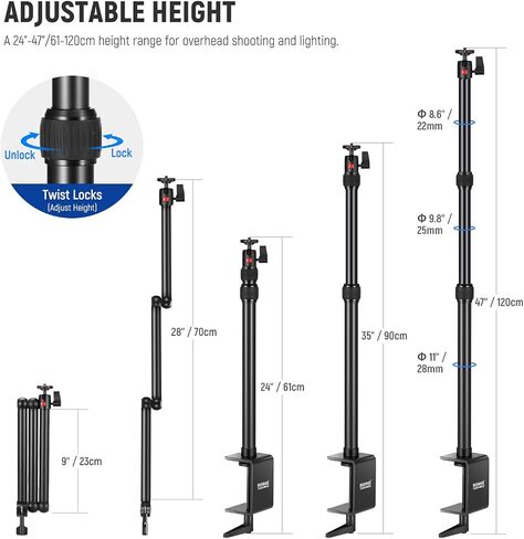 NEEWER Overhead Camera Desk Mount with Swivel Boom Arm, 1/4" Ball Head, Phone Holder & C Clamp, 22"/55.5cm Adjustable Webcam Mic Stand for LED Light Microphone Streaming Zoom Video Recording, DS024 in Kuwait