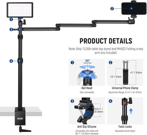 NEEWER Overhead Camera Desk Mount with Swivel Boom Arm, 1/4" Ball Head, Phone Holder & C Clamp, 22"/55.5cm Adjustable Webcam Mic Stand for LED Light Microphone Streaming Zoom Video Recording, DS024 in Kuwait