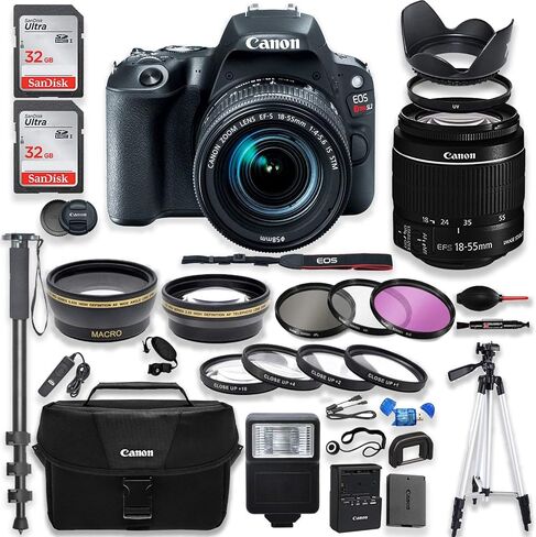 كاميرا Canon EOS Rebel SL2 DSLR مع Canon 18-55mm هي مجموعة عدسات STM + حقيبة Canon + ذاكرة 64 جيجابايت + فلاتر + وحدات ماكرو + Monopod + حامل ثلاثي القوائم مقاس 50 بوصة + حزمة DSLR احترافية (متجددة) in Saudi Arabia