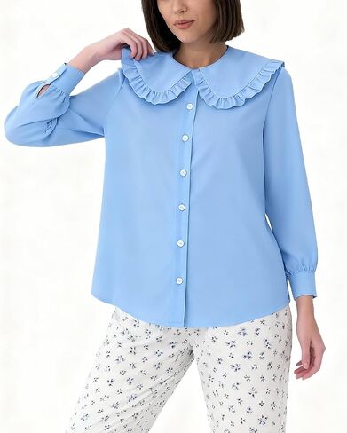 Long Sleeve Button Down for Women Casual Relaxed Shirts Cute Peter Pan Collar Tops in Saudi Arabia