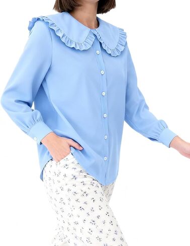 Long Sleeve Button Down for Women Casual Relaxed Shirts Cute Peter Pan Collar Tops in Saudi Arabia
