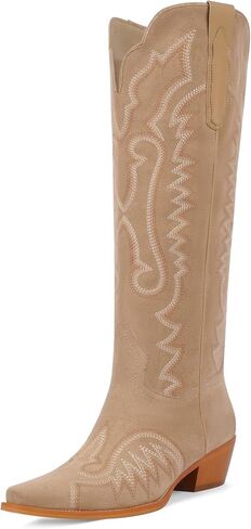 Womens Cowboy Boots Knee High Cowgirl Boots Chunky Heel Embroidery Western Boots for Women in Saudi Arabia