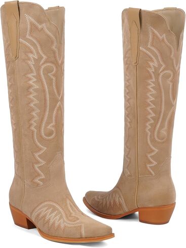 Womens Cowboy Boots Knee High Cowgirl Boots Chunky Heel Embroidery Western Boots for Women in Saudi Arabia