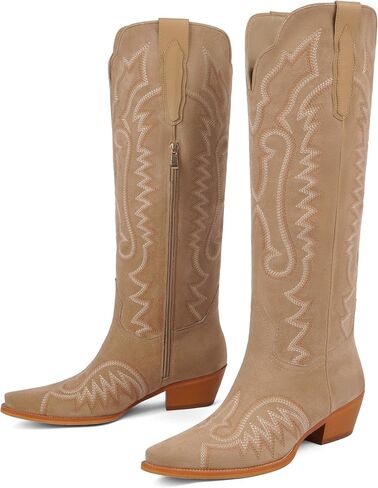 Womens Cowboy Boots Knee High Cowgirl Boots Chunky Heel Embroidery Western Boots for Women in Saudi Arabia