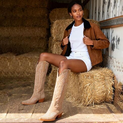 Womens Cowboy Boots Knee High Cowgirl Boots Chunky Heel Embroidery Western Boots for Women in Saudi Arabia
