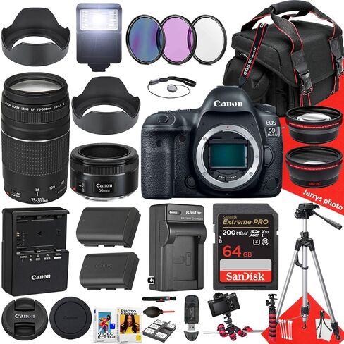 Canon EOS 5D Mark IV DSLR Camera with EF 50mm f/1.8 STM and EF 75-300mm f/4-5.6 III Lens + 64 GB Memory + Extra Battery + Battery Charger + Filters + Tripod + More (36pc Bundle), Black (Renewed) in Saudi Arabia