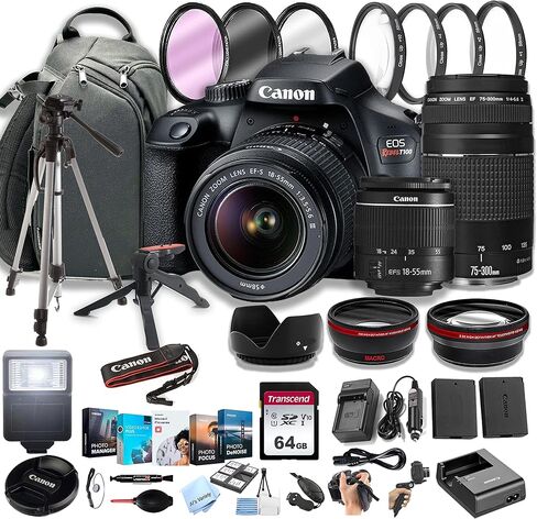 كاميرا Canon EOS Rebel T100 DSLR مع عدسة تكبير EF-S مقاس 18-55 مم F/3.5-5.6 + عدسة III مقاس 75-300 مم F/4-5.6 + بطاقات ذاكرة سعة 64 جيجابايت، حزمة صور احترافية (حزمة 42 قطعة) (متجددة) in Kuwait