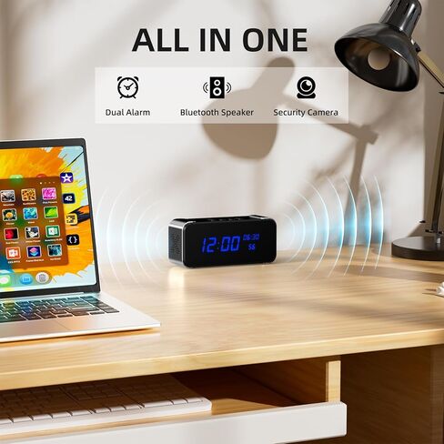مكبر صوت بلوتوث مع ساعة كاميرا مخفية، كاميرا داخلية لاسلكية فائقة الدقة 4K HD لأمن المنزل - كاميرا مربية صغيرة مع رؤية ليلية، كشف الحركة الذكي، بث مباشر عن بعد in Kuwait
