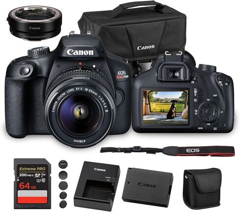 كاميرا Canon EOS Rebel T100 DSLR مع عدسة 18-55 ملم| مستشعر APS-C بدقة 18 ميجابكسل، وشبكة Wi-Fi مدمجة وفيديو عالي الدقة بالكامل| مثالي للمبتدئين والسفر والتصوير اليومي (2628C029) + محول EF-EOS R + حقيبة + بطاقة سعة 64 جيجابايت in Kuwait