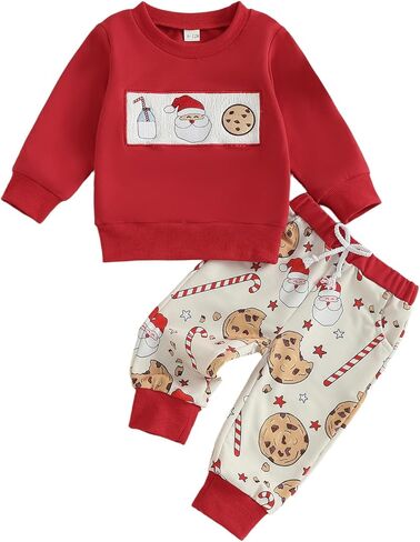 Amuver Toddler Baby Boy Christmas 2 Piece Outfits Long Sleeve Crew Neck Letter Embroidery Tops and Pants Clothes Set in Saudi Arabia