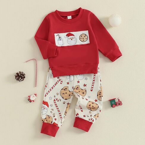 Amuver Toddler Baby Boy Christmas 2 Piece Outfits Long Sleeve Crew Neck Letter Embroidery Tops and Pants Clothes Set in Saudi Arabia