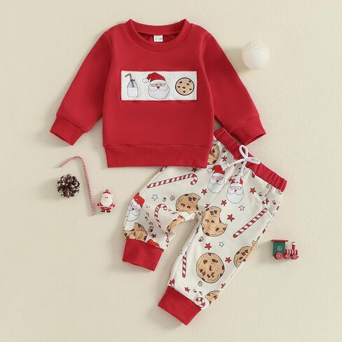 Amuver Toddler Baby Boy Christmas 2 Piece Outfits Long Sleeve Crew Neck Letter Embroidery Tops and Pants Clothes Set in Saudi Arabia