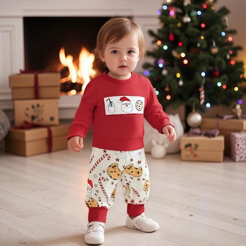 Amuver Toddler Baby Boy Christmas 2 Piece Outfits Long Sleeve Crew Neck Letter Embroidery Tops and Pants Clothes Set in Saudi Arabia