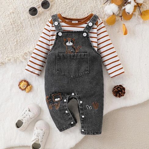 Baby Suspender Overalls Set – Vintage Striped Cotton-Spandex Long-Sleeve Tee & Washed Denim Lion-Embroidered Romper in Saudi Arabia