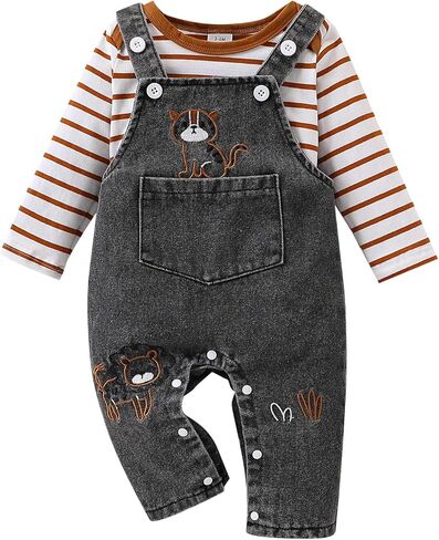 Baby Suspender Overalls Set – Vintage Striped Cotton-Spandex Long-Sleeve Tee & Washed Denim Lion-Embroidered Romper in Saudi Arabia