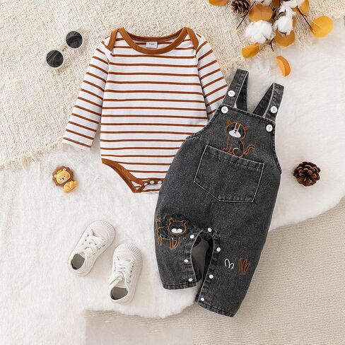 Baby Suspender Overalls Set – Vintage Striped Cotton-Spandex Long-Sleeve Tee & Washed Denim Lion-Embroidered Romper in Saudi Arabia