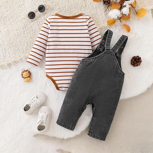 Baby Suspender Overalls Set – Vintage Striped Cotton-Spandex Long-Sleeve Tee & Washed Denim Lion-Embroidered Romper in Saudi Arabia