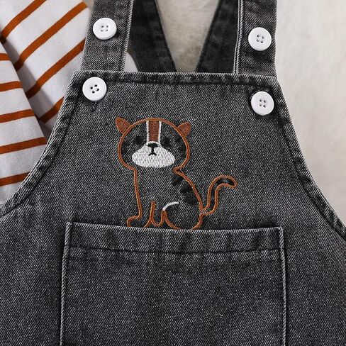 Baby Suspender Overalls Set – Vintage Striped Cotton-Spandex Long-Sleeve Tee & Washed Denim Lion-Embroidered Romper in Saudi Arabia