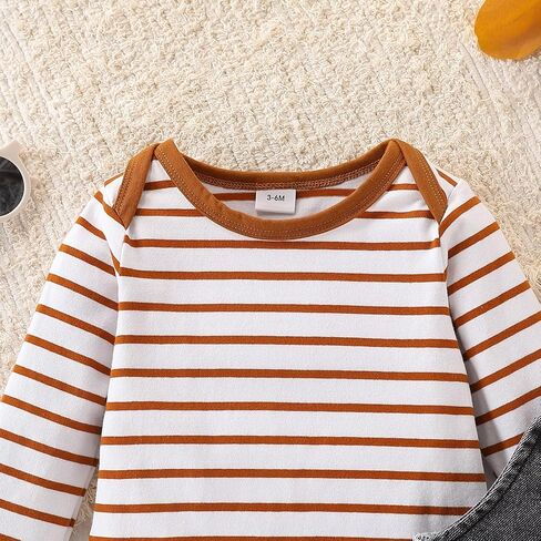 Baby Suspender Overalls Set – Vintage Striped Cotton-Spandex Long-Sleeve Tee & Washed Denim Lion-Embroidered Romper in Saudi Arabia