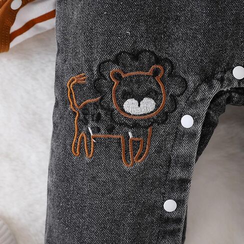 Baby Suspender Overalls Set – Vintage Striped Cotton-Spandex Long-Sleeve Tee & Washed Denim Lion-Embroidered Romper in Saudi Arabia