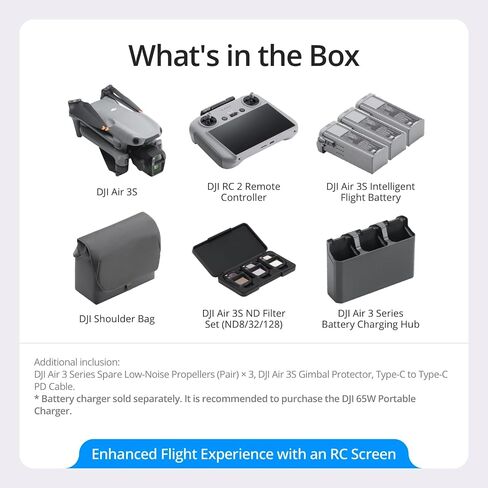 طائرة بدون طيار DJI Air 3S Fly More Combo (جهاز تحكم عن بعد بشاشة RC 2) مع كاميرا CMOS واسعة الزاوية ومتوسطة الحجم 1 بوصة، 4K/60 إطارًا في الثانية، مستشعر متعدد الاتجاهات، RTH الذكية و3 حزمة بطاريات مع ملحقات معدات ديكو in Kuwait