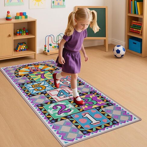Hopscotch Rug for Kids - 26"x59" Washable Play Mat with Non-Slip TPR Backing, 2 Bean Bags, Easy to Store, Intertek Certified, Indoor/Outdoor in Saudi Arabia