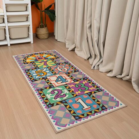 Hopscotch Rug for Kids - 26"x59" Washable Play Mat with Non-Slip TPR Backing, 2 Bean Bags, Easy to Store, Intertek Certified, Indoor/Outdoor in Saudi Arabia