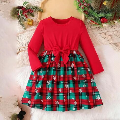 Toddler Girl Christmas Dresses Long Sleeve Plaid Casual Dresses A-Line Red Bow Holiday Outfits 4-7T in Saudi Arabia