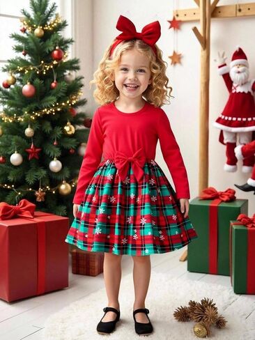 Toddler Girl Christmas Dresses Long Sleeve Plaid Casual Dresses A-Line Red Bow Holiday Outfits 4-7T in Saudi Arabia