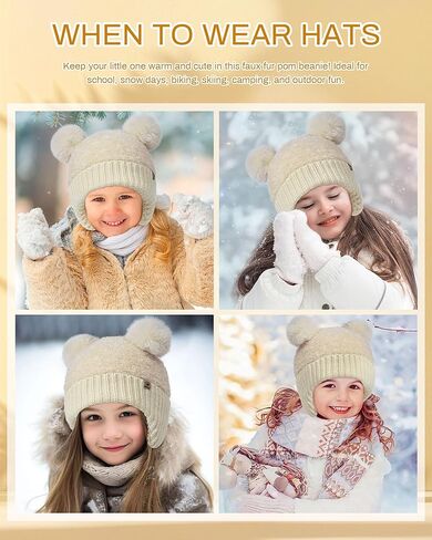 قبعة صغيرة شتوية لطيفة من Mesovor مع غطاء للأذن للفتيات الصغيرات، قبعات صغيرة مترهلة للأطفال الصغار | قبعة محبوكة دافئة للأطفال in Kuwait