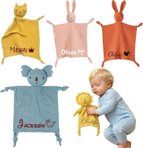 شخصية Babys Lovey بطانية مع الاسم، بطانية أمان مخصصة Loveys للأطفال، القطن العضوي موسلين الأرنب Loveys بطانيات هدايا حديثي الولادة للأطفال الأولاد والبنات، استحمام الطفل، عيد ميلاد، عيد الميلاد in Saudi Arabia