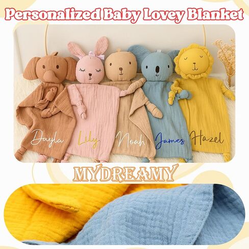 شخصية Babys Lovey بطانية مع الاسم، بطانية أمان مخصصة Loveys للأطفال، القطن العضوي موسلين الأرنب Loveys بطانيات هدايا حديثي الولادة للأطفال الأولاد والبنات، استحمام الطفل، عيد ميلاد، عيد الميلاد in Saudi Arabia