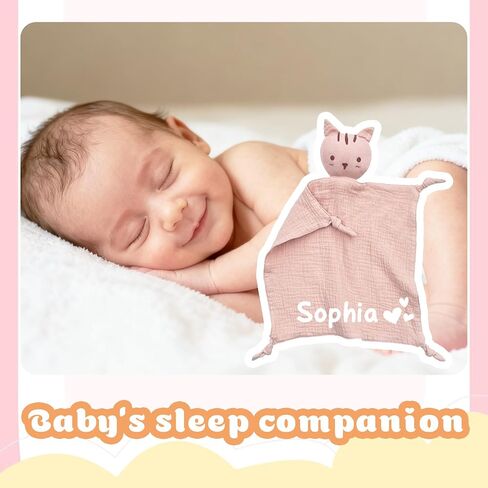 شخصية Babys Lovey بطانية مع الاسم، بطانية أمان مخصصة Loveys للأطفال، القطن العضوي موسلين الأرنب Loveys بطانيات هدايا حديثي الولادة للأطفال الأولاد والبنات، استحمام الطفل، عيد ميلاد، عيد الميلاد in Saudi Arabia