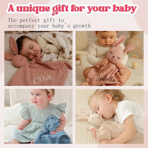 شخصية Babys Lovey بطانية مع الاسم، بطانية أمان مخصصة Loveys للأطفال، القطن العضوي موسلين الأرنب Loveys بطانيات هدايا حديثي الولادة للأطفال الأولاد والبنات، استحمام الطفل، عيد ميلاد، عيد الميلاد in Saudi Arabia