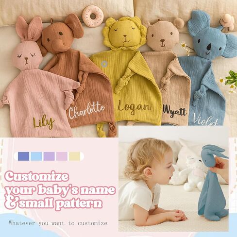 شخصية Babys Lovey بطانية مع الاسم، بطانية أمان مخصصة Loveys للأطفال، القطن العضوي موسلين الأرنب Loveys بطانيات هدايا حديثي الولادة للأطفال الأولاد والبنات، استحمام الطفل، عيد ميلاد، عيد الميلاد in Saudi Arabia