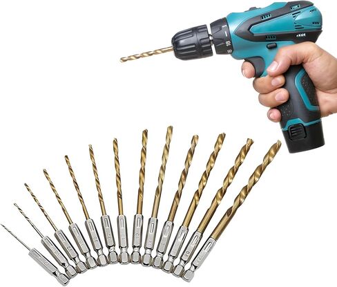 Titanium Twist Drill Bit Set - 13 Pcs Hex Shank High Speed Steel for Wood Plastic Aluminum Alloy, Quick Change, 1/16"-1/4" in Saudi Arabia