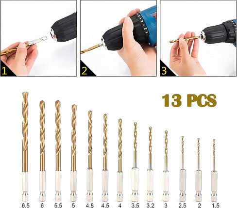 Titanium Twist Drill Bit Set - 13 Pcs Hex Shank High Speed Steel for Wood Plastic Aluminum Alloy, Quick Change, 1/16"-1/4" in Saudi Arabia
