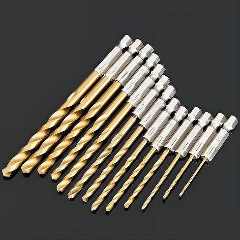 Titanium Twist Drill Bit Set - 13 Pcs Hex Shank High Speed Steel for Wood Plastic Aluminum Alloy, Quick Change, 1/16"-1/4" in Saudi Arabia